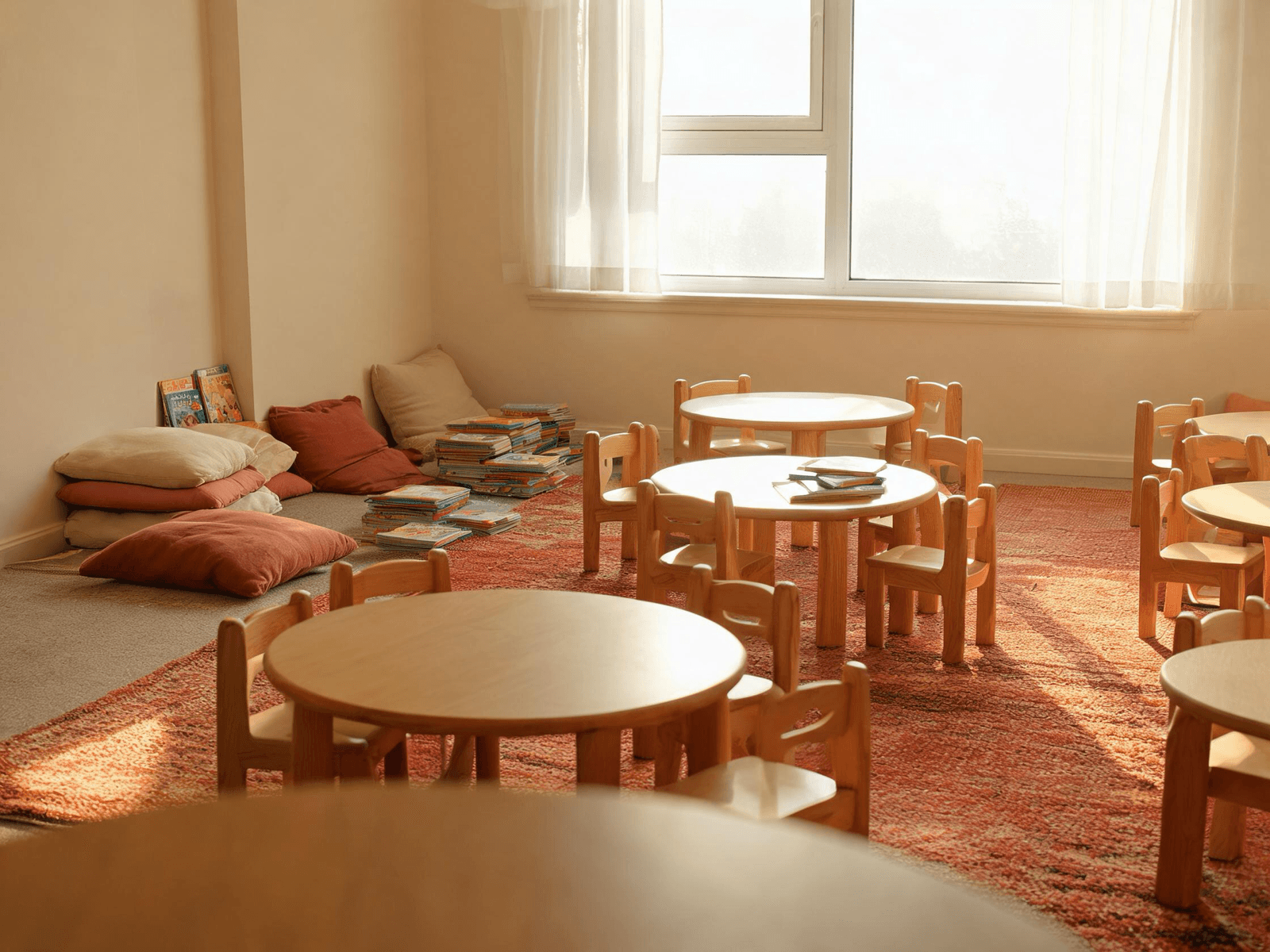 Children's ministry room with low tables, floor cushions, and picture books in soft morning light