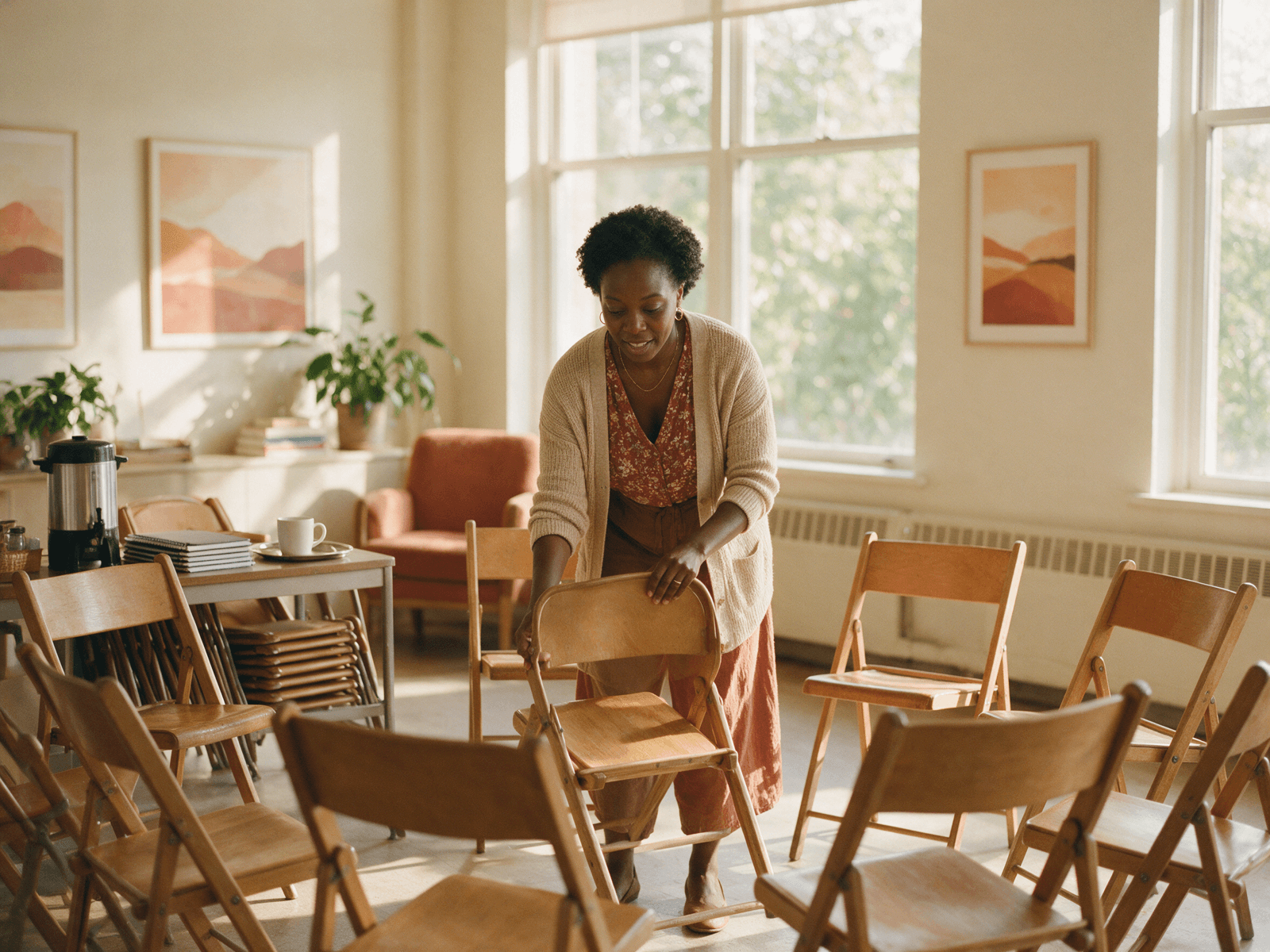 Circle of eight folding chairs with a coffee urn and open notebooks set for a small group