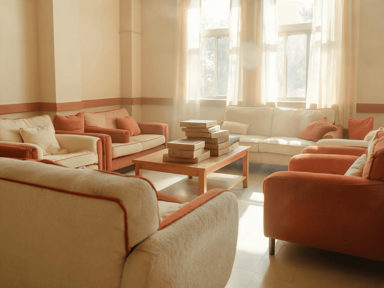 Relaxed student gathering space with couches in a circle and board games on a low table